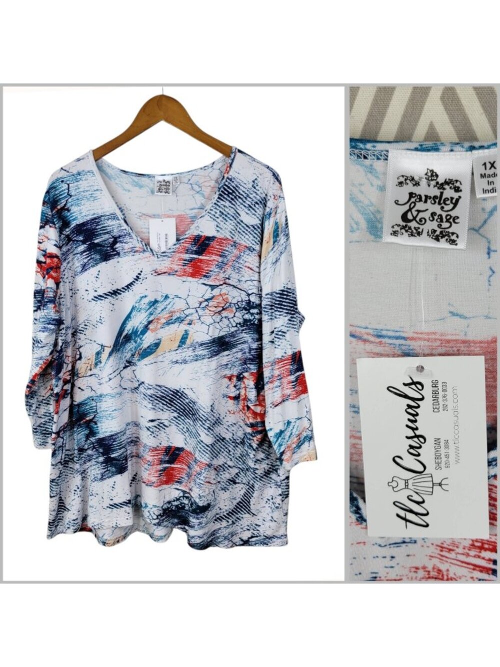 NEW Parsley Sage Plus Size 1X Top Nautical Stretch Blue Red Art To Wear Claire